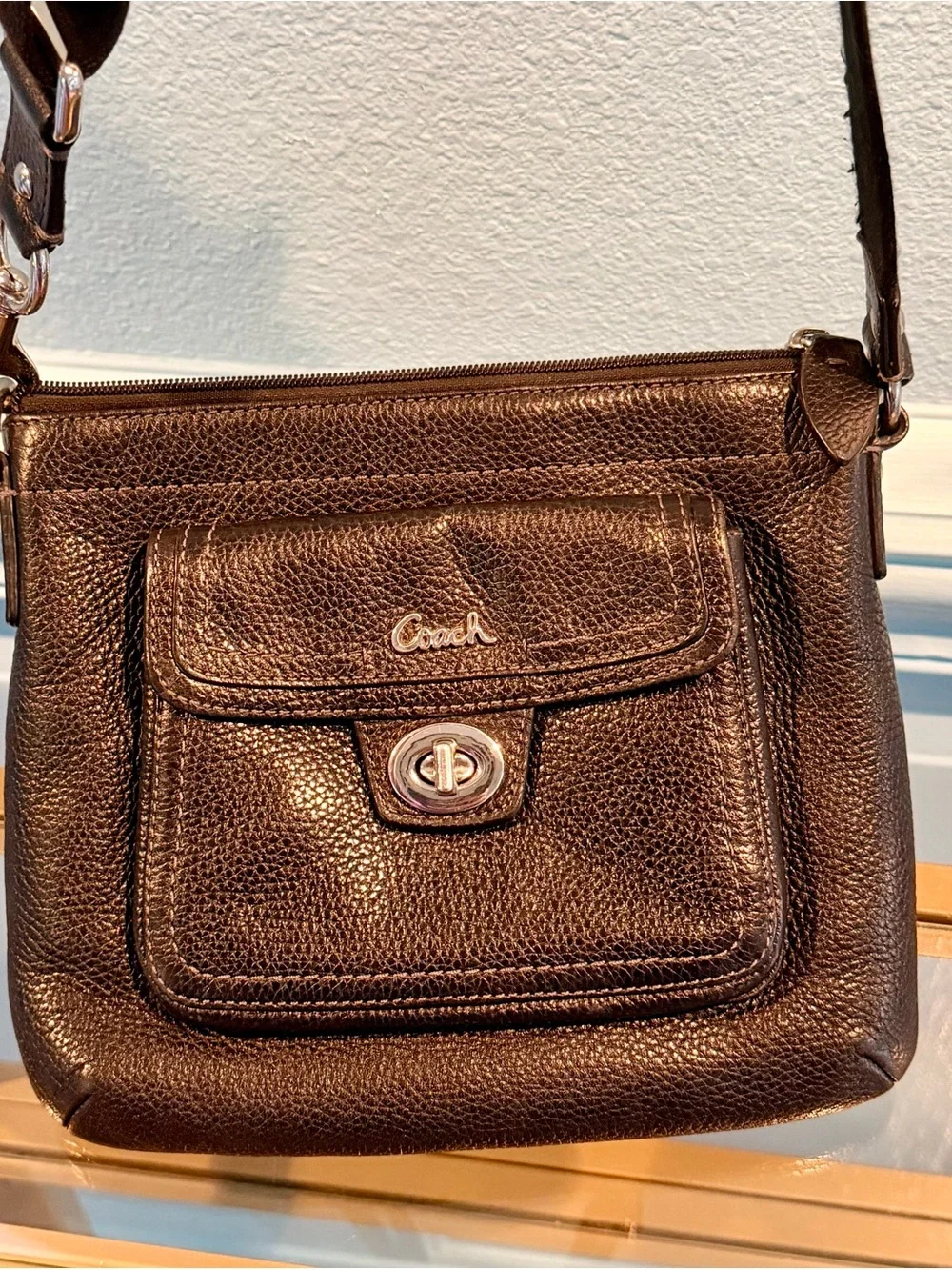 Coach Dark Brown Pebbled Leather Shoulder Bag with Front Turn-Lock